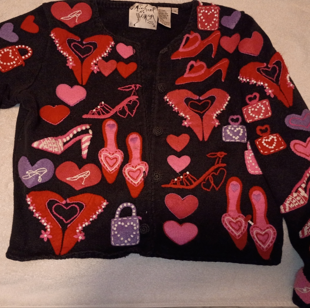 Michael Simon Multicolor Patterned Cardigan,shoes,bags,hearts,Rare